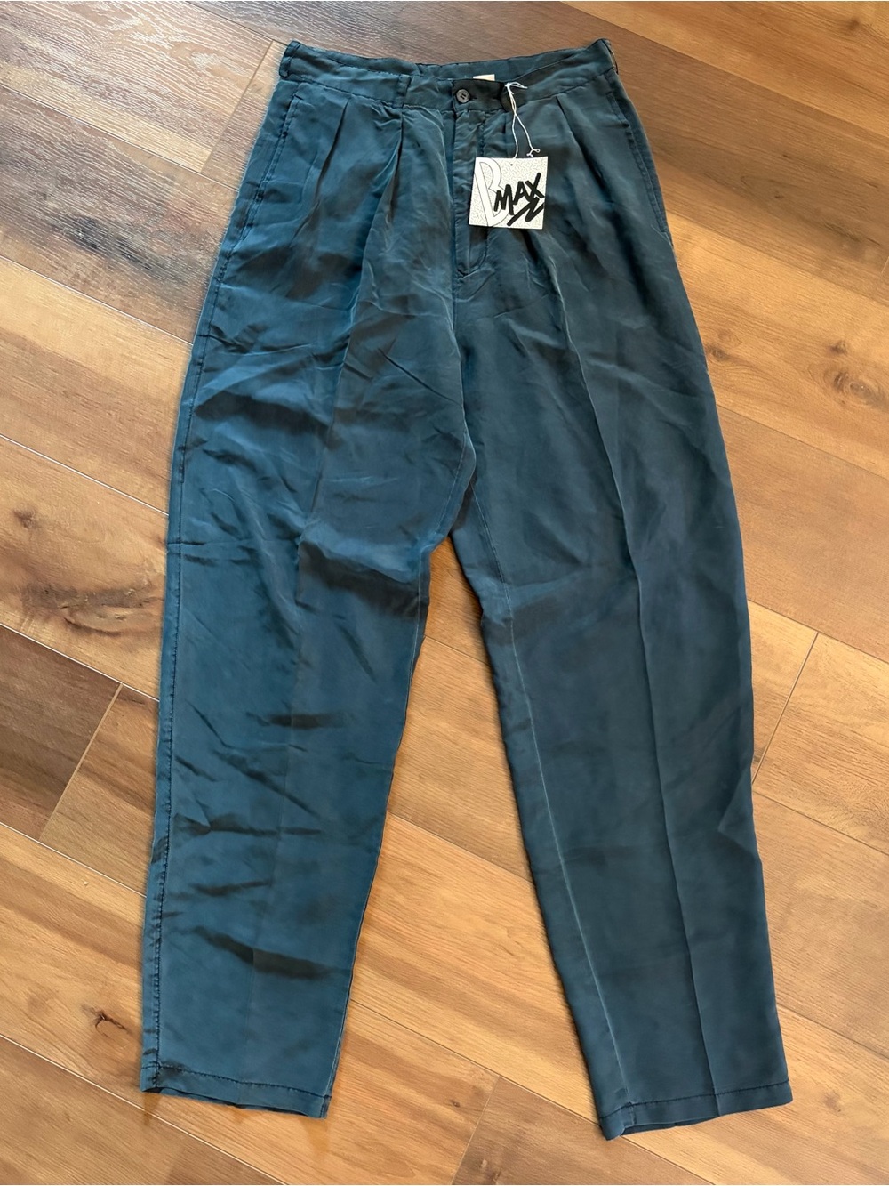 Vintage 90s Deadstock Navy Blue Pleated Silk Dress Pants BMax2 Size 29x32 NWT